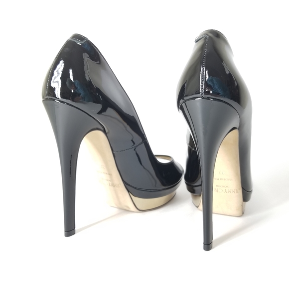JIMMY CHOO Patent Leather Platform Heels Open Toe Stiletto Pumps Size 37 - Picture 4 of 16